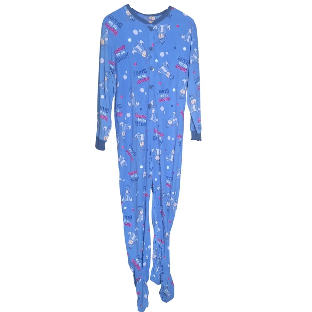 Disney Eeyore Happy To Be Blue Fleece Button Front Footed Pajamas Size Medium